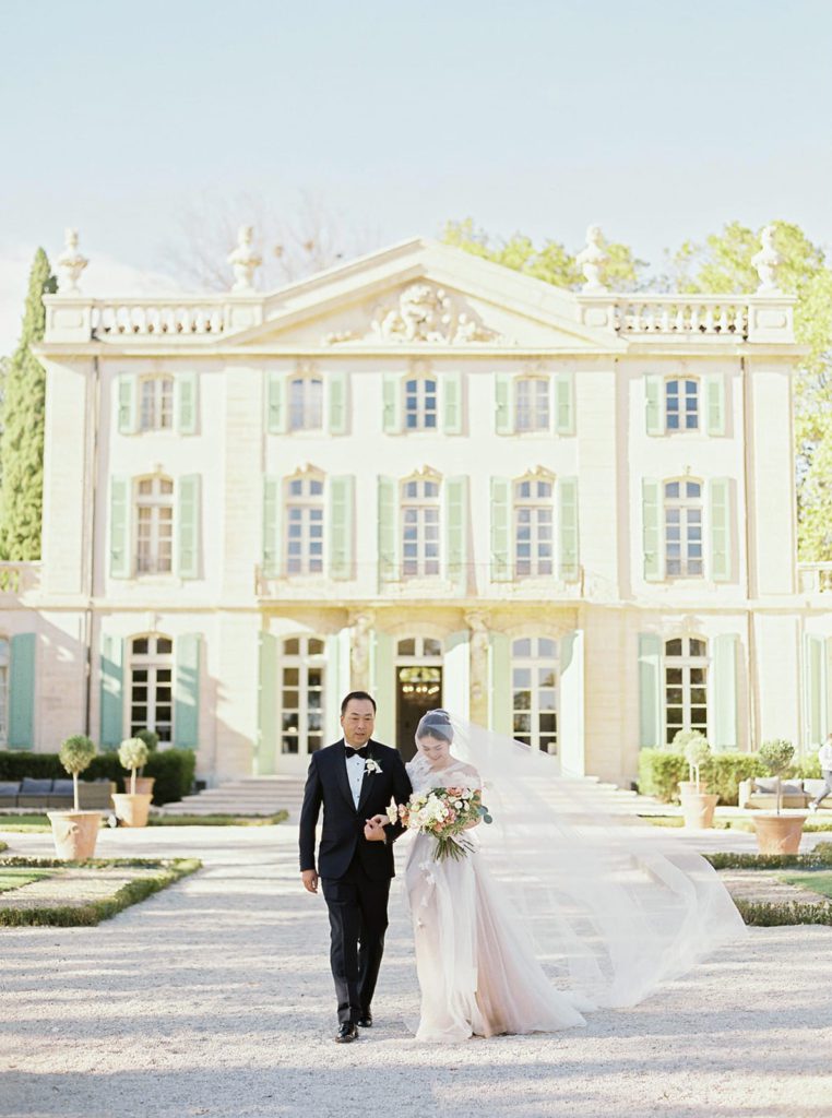 bride walking down the aisle wedding at Chateau de Tourreau