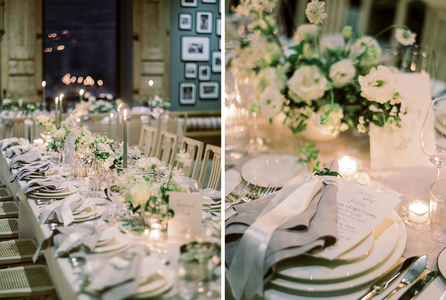 Wedding table decor and flowers at night 