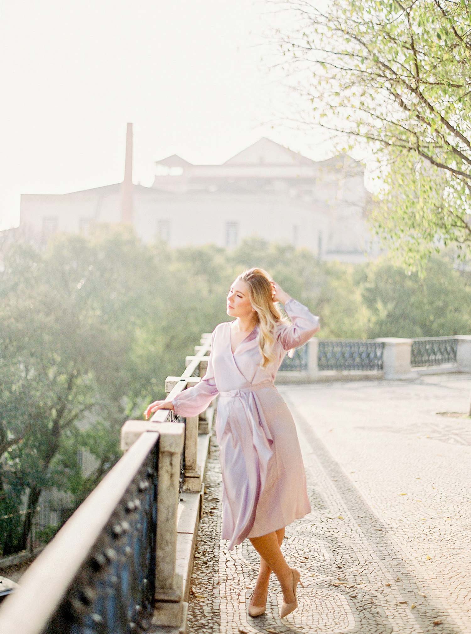 Beautiful bride in Lisbon at sunrise