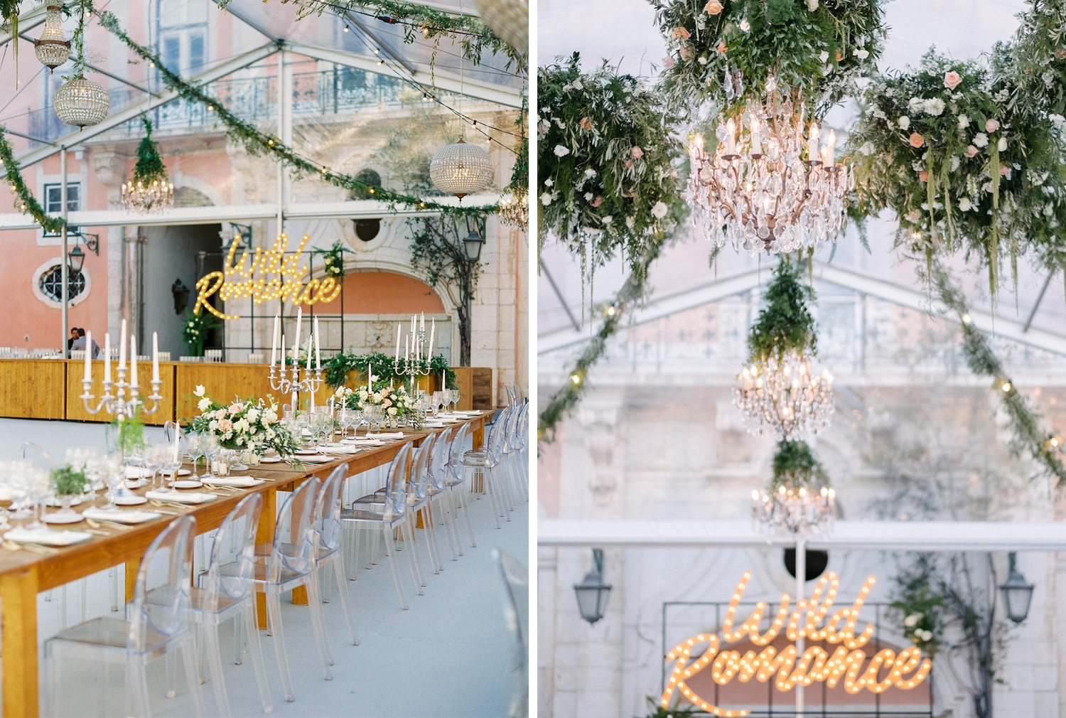 Wedding floral design ceiling installation