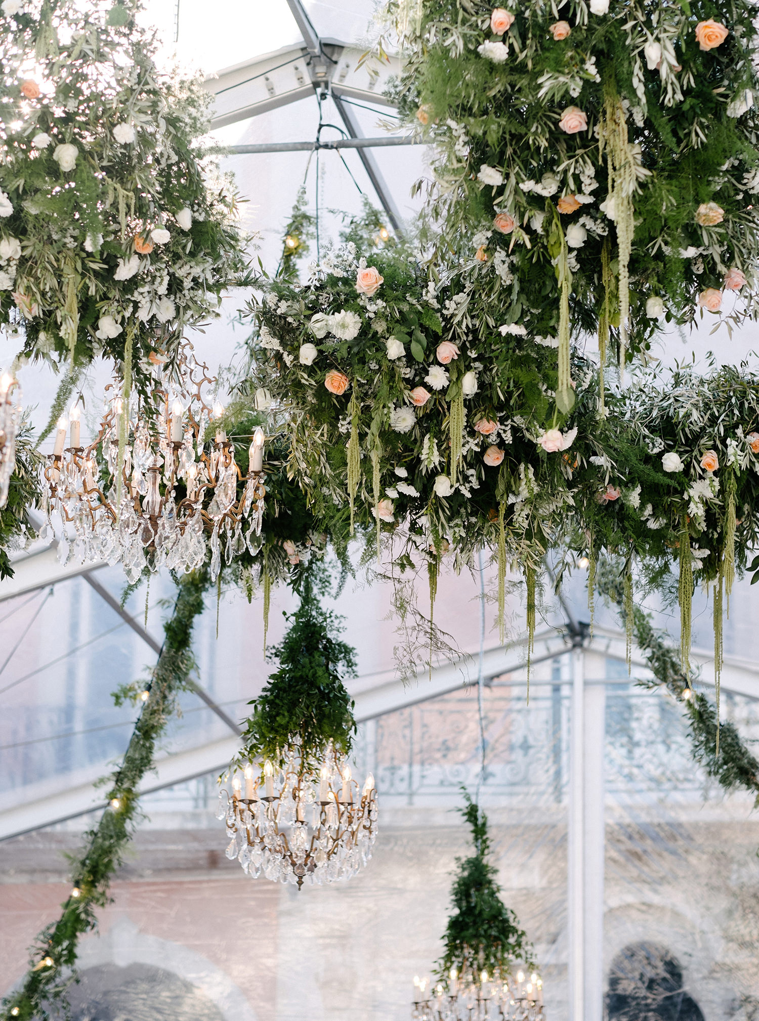 Wedding floral design ceiling installation