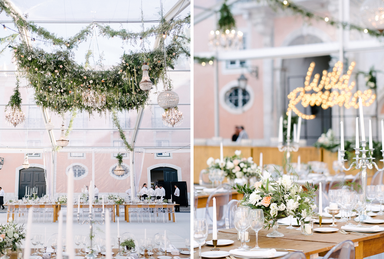 Wedding floral design ceiling installation