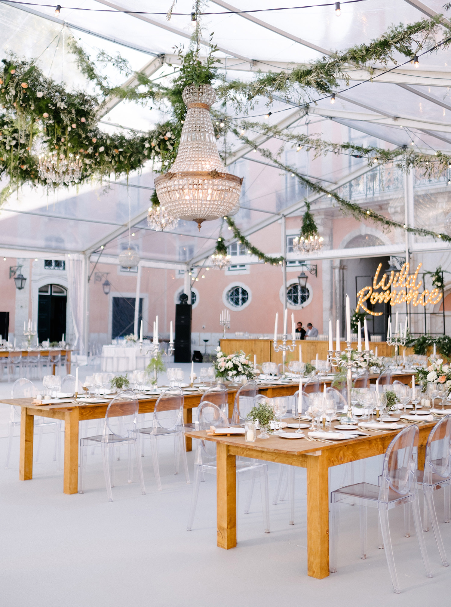 Wedding floral design ceiling installation