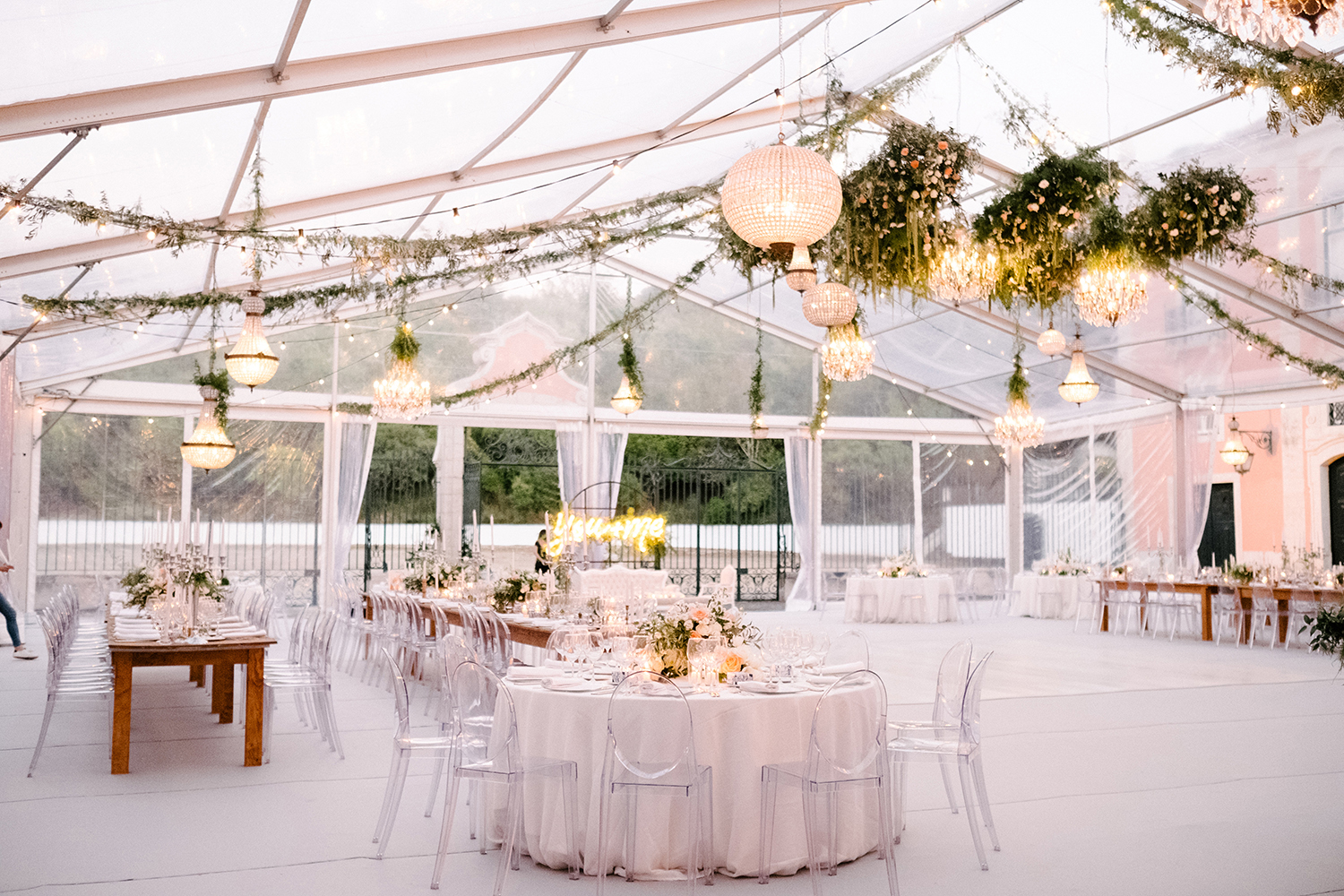 Wedding floral design ceiling installation