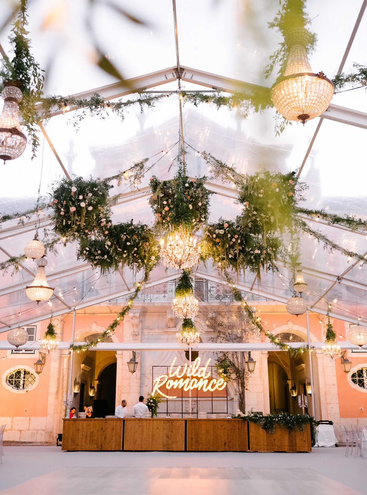 Wedding floral design ceiling installation