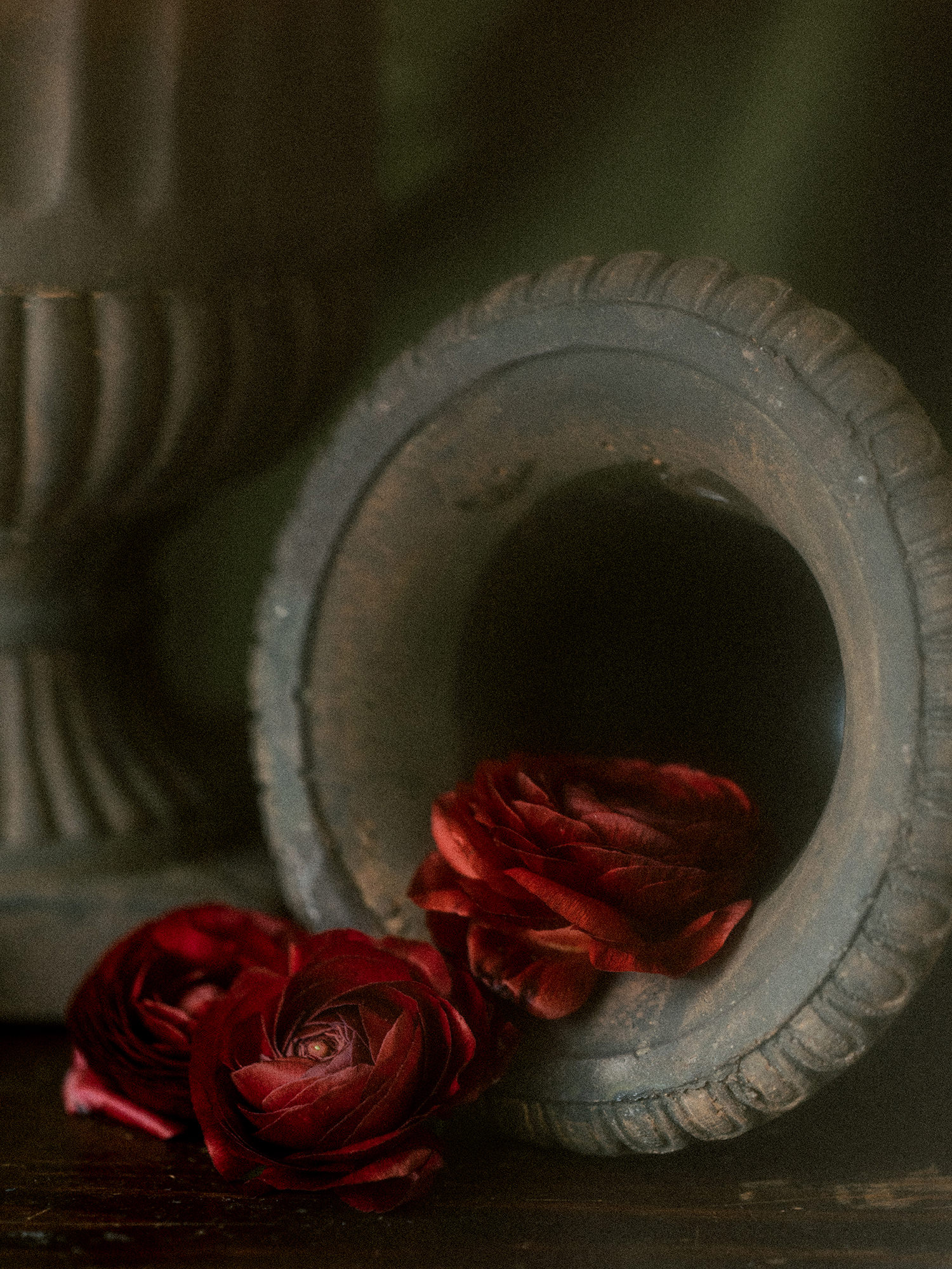 Dramatic detail of a wedding flower centerpiece.