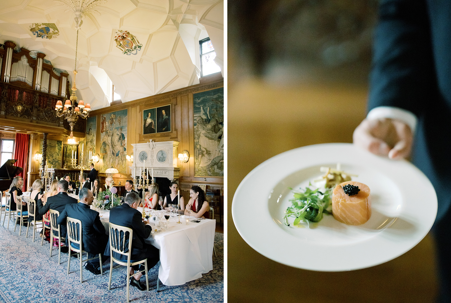 Dinner time at this black tie surprise party at Fyvie Castle in Scotland
